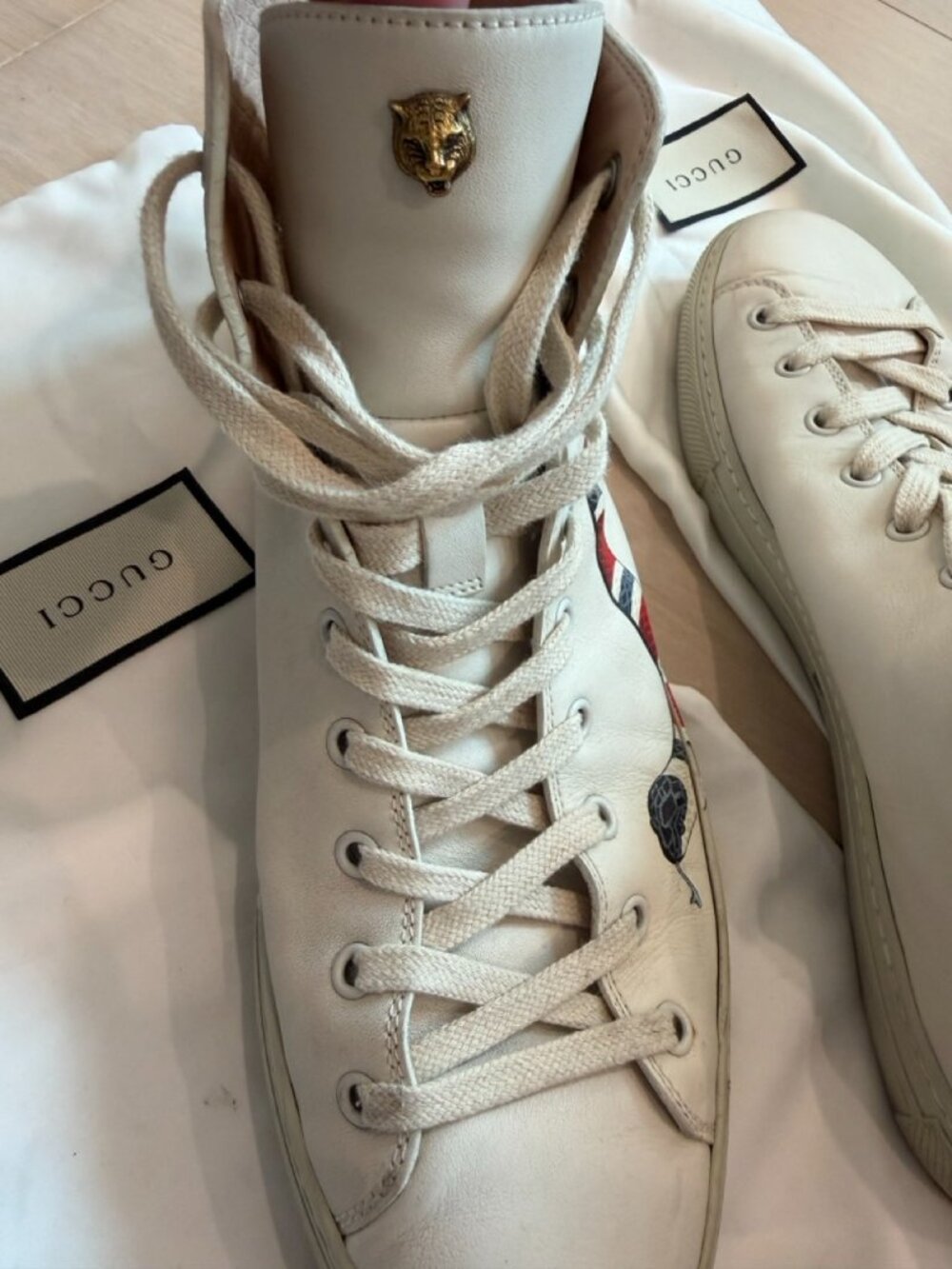 Gucci Major Kingsnake High Top Sneakers White Leather Men's Size 8 (US 8.5) Ital - Picture 4 of 10